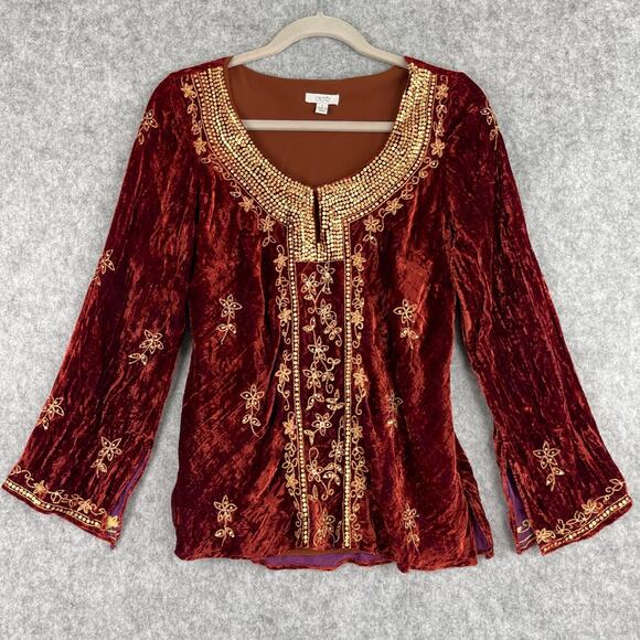 Cache Tops - VTG Cache Crushed Velvet Top Womens‎ Small Silk Blend Embroidered Y2K Whimsigoth